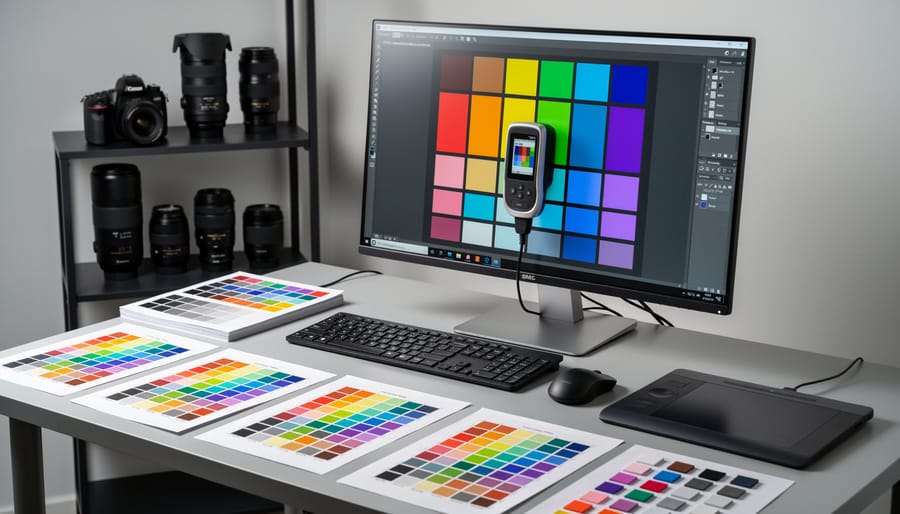 Photographer calibrating professional monitor in editing workspace