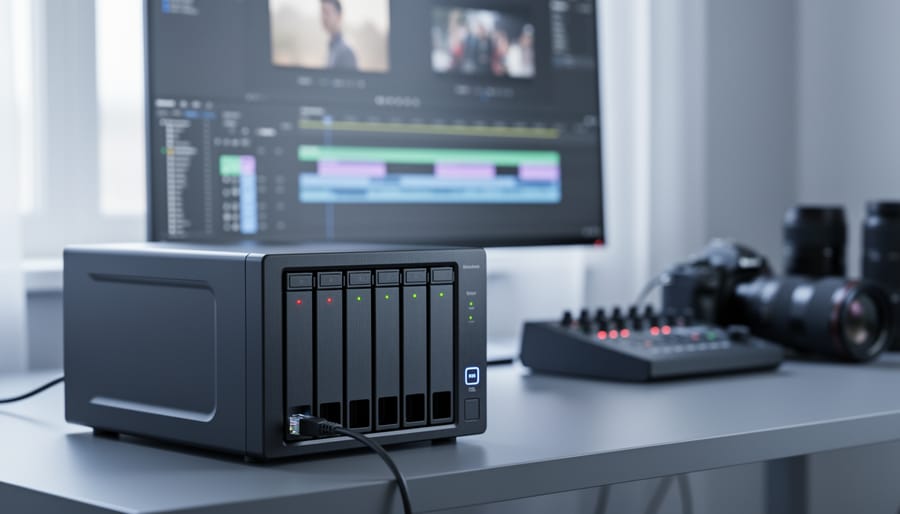 Multi-bay NAS with red and green status LEDs and an Ethernet cable on a desk next to a professional video editing workstation; NAS in sharp focus, blurred monitor with generic timeline blocks and a control surface; soft daylight and cool tones