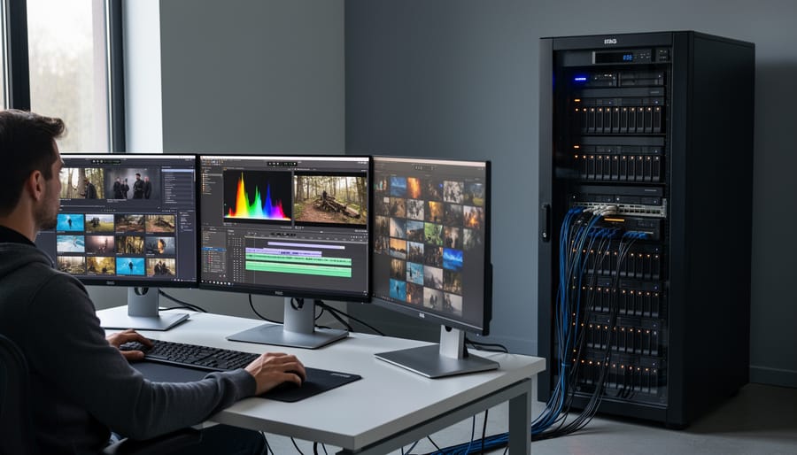 Professional NAS storage server with illuminated drive indicators on editing workstation desk