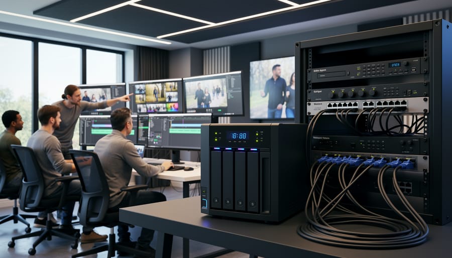 NAS storage device on desk next to video editing workstation