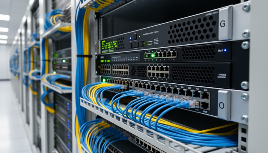 Ethernet cables connected to network switch ports with illuminated status indicators