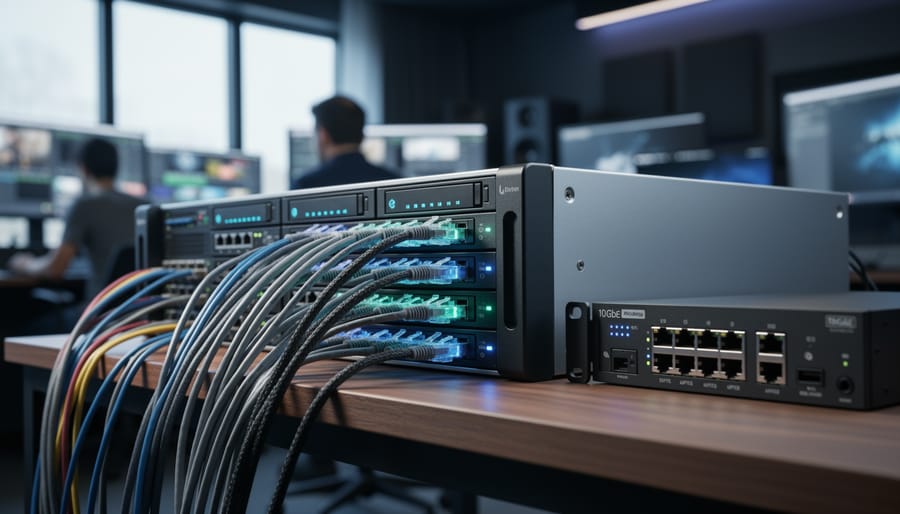 Rackmount NAS and 10GbE network switch with glowing cables connecting several video editing workstations in a modern studio, foreground in sharp focus with softly blurred monitors and collaborators in the background.