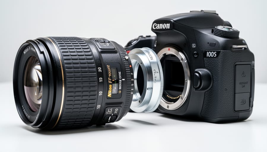 Nikon lens mounted on Canon camera body using metal lens adapter ring