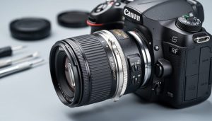 Close-up three-quarter view of a Nikon F-mount prime lens attached to a Canon camera body with a metal adapter ring, adapter interface in sharp focus under soft side lighting, blurred desk and tools in the background, no visible brand logos.