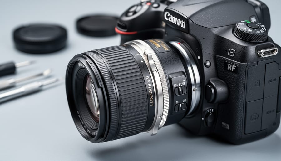 Close-up three-quarter view of a Nikon F-mount prime lens attached to a Canon camera body with a metal adapter ring, adapter interface in sharp focus under soft side lighting, blurred desk and tools in the background, no visible brand logos.