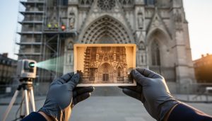 Gloved archivist holds a sepia photo of a Gothic cathedral aligned with the scaffolded real façade at golden hour, with blurred conservators and a tripod-mounted laser scanner in the background