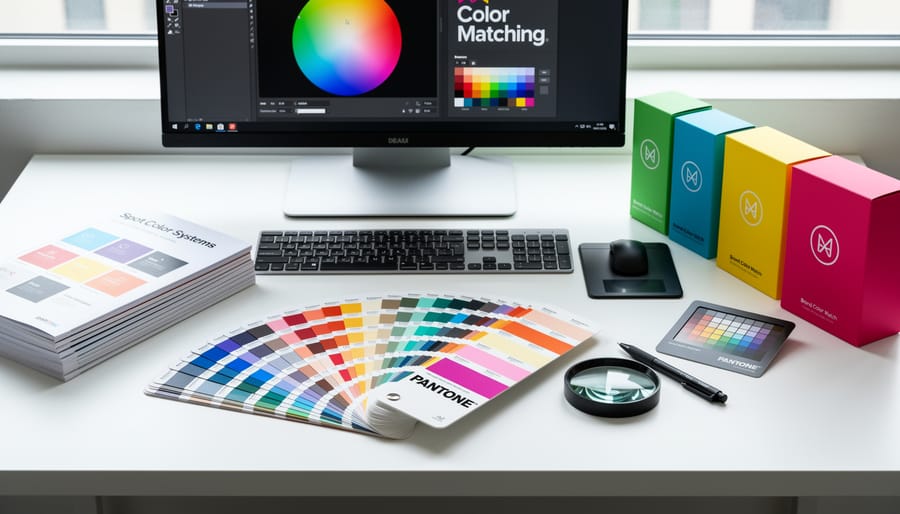 Pantone color swatch fan deck next to printed photography portfolio on desk