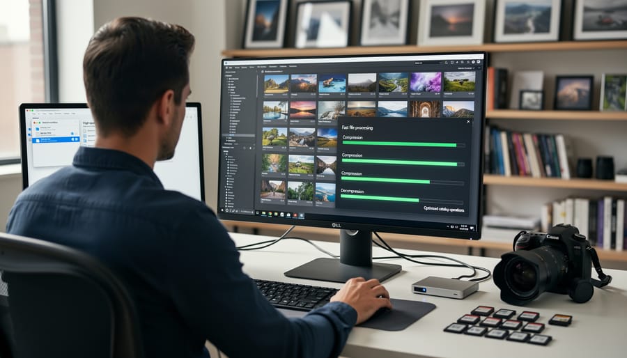Photographer editing photos on dual monitor workstation setup