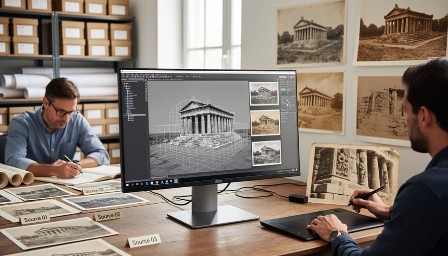 Hands holding vintage photograph next to laptop showing 3D reconstruction model