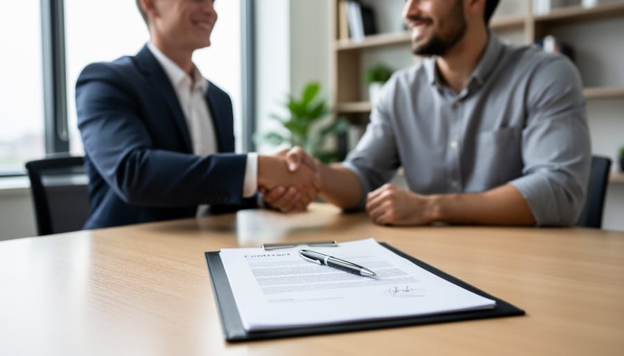Photographer and client reviewing photography contract together at desk in professional setting