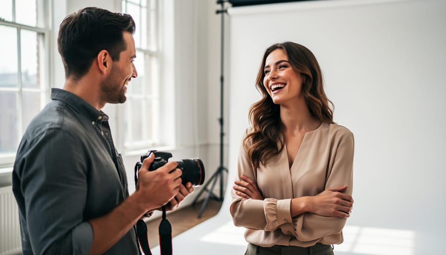 Photographer and model reviewing camera images together and laughing in studio setting