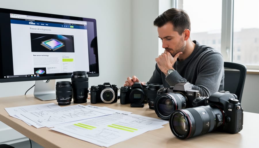 Professional photographer reviewing camera specifications and technical details on laptop