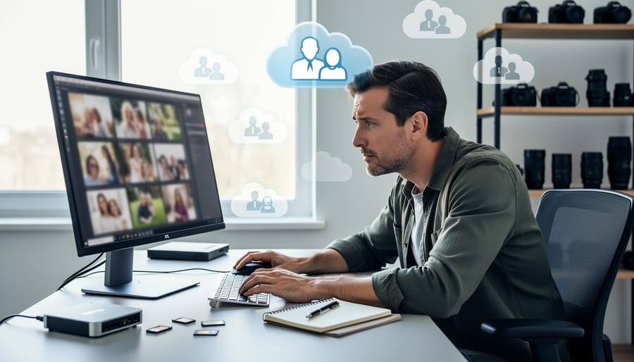 Photographer reviewing images on camera screen in studio environment