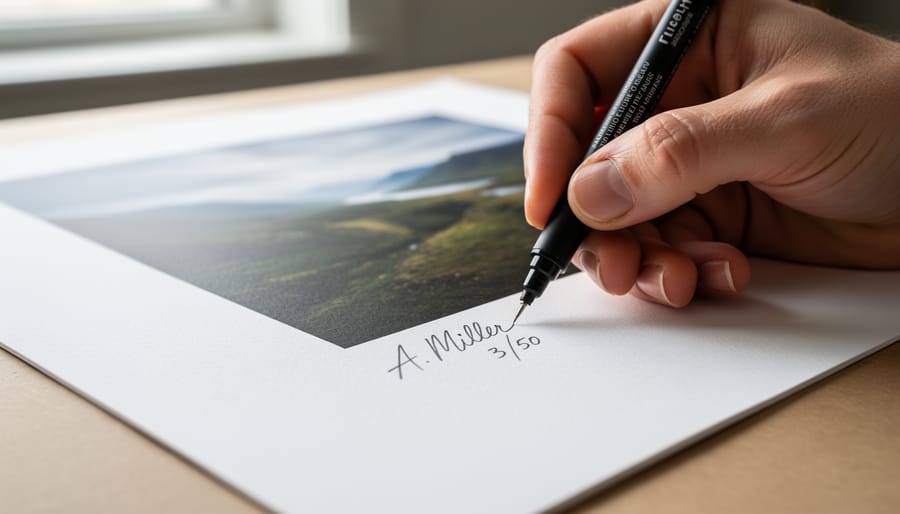Close-up of photographer's hand signing a fine art print with archival pen