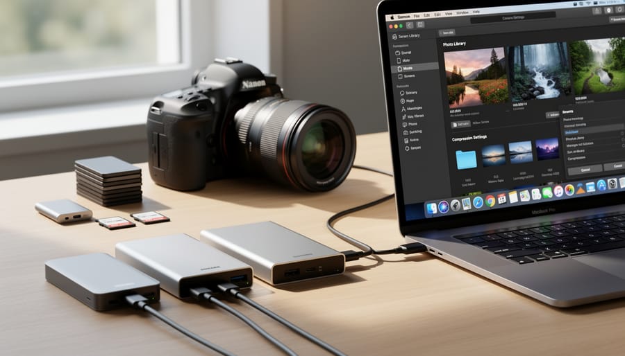 External hard drives and laptop showing photo storage workflow on photographer's desk