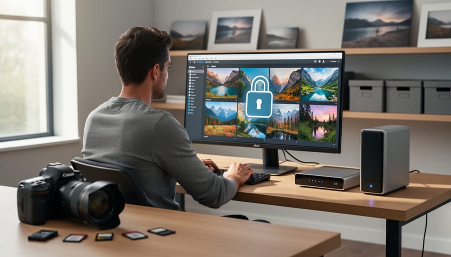 Photographer working at computer managing digital photo library