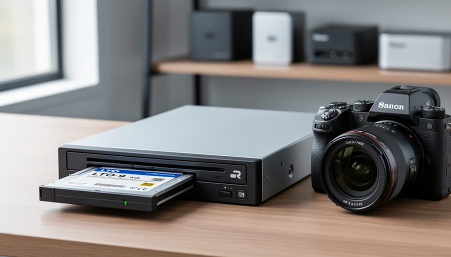 Unbranded LTO tape drive with a cartridge partially ejected next to a professional mirrorless camera on a clean desk, with softly blurred shelves and generic external hard drives in the background under diffused window light.