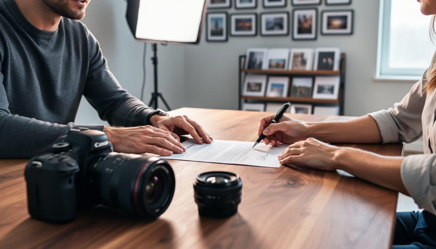 Photographer presenting a contract and pen to a client across a wooden table, DSLR camera and lenses in the foreground, soft natural side light, blurred background with framed prints and a softbox in a modern studio, no legible text visible.