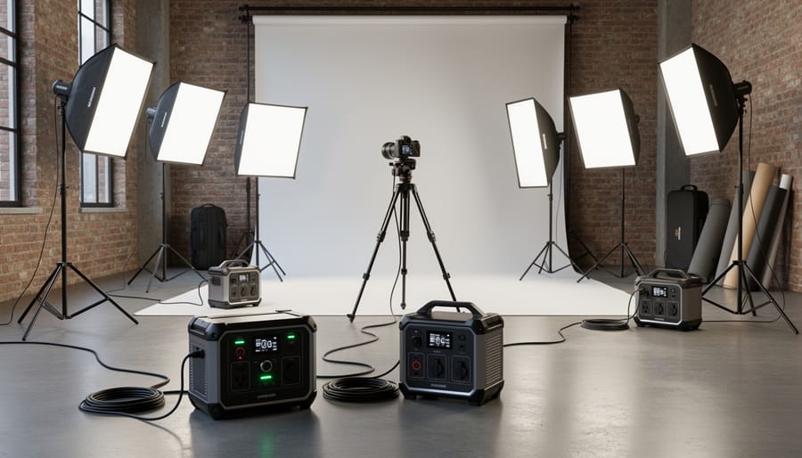 Portable battery power station next to professional studio strobe lighting equipment