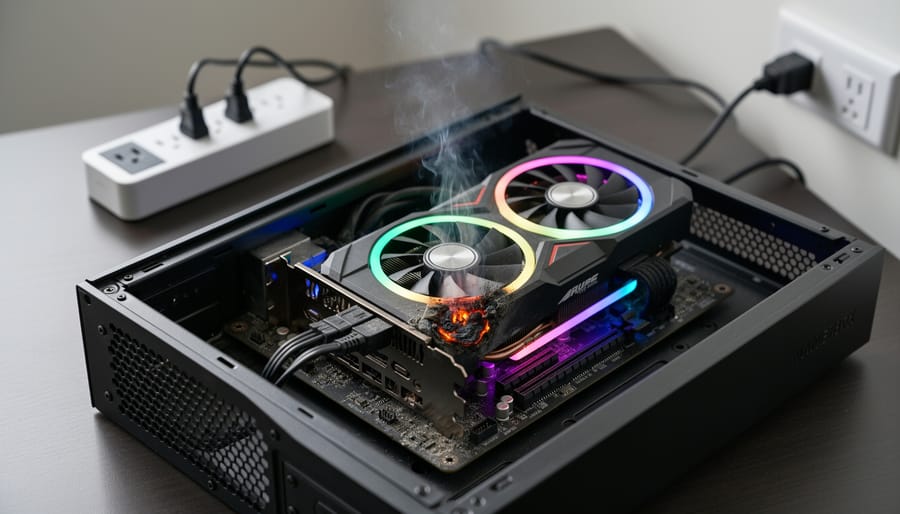 Close-up of damaged computer graphics card showing burnt components from power surge