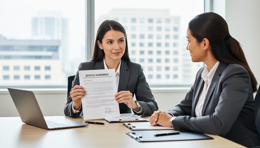 Photographer presenting contract on tablet to client in professional cafe meeting