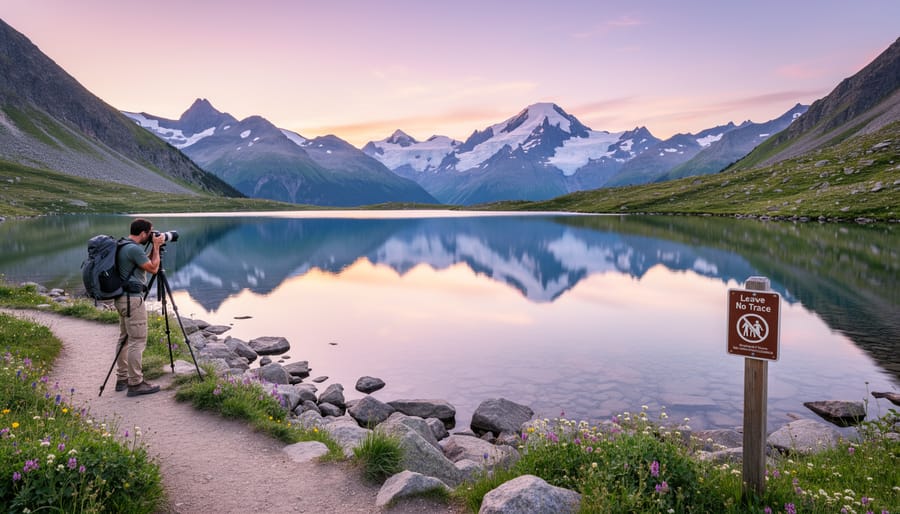 Pristine alpine lake with mountain reflections and untouched natural shoreline