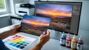 Hands holding a photo print beside a monitor showing the same image, with CMYK ink bottles and an unbranded color swatch fan deck on a desk in a softly lit studio.