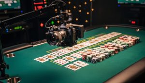 Overhead boom-mounted mirrorless camera aimed at a green felt casino table with visible playing cards and chips, under soft warm studio lighting, with blurred monitors and bokeh lights in the background.