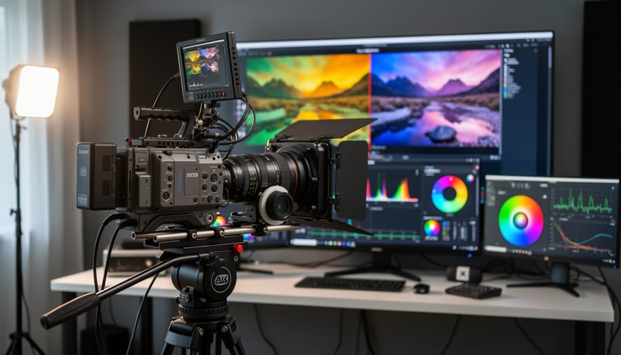 Professional cinema camera on tripod in studio with color management equipment