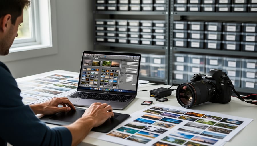 Professional photographer working at dual monitor computer setup managing photo library