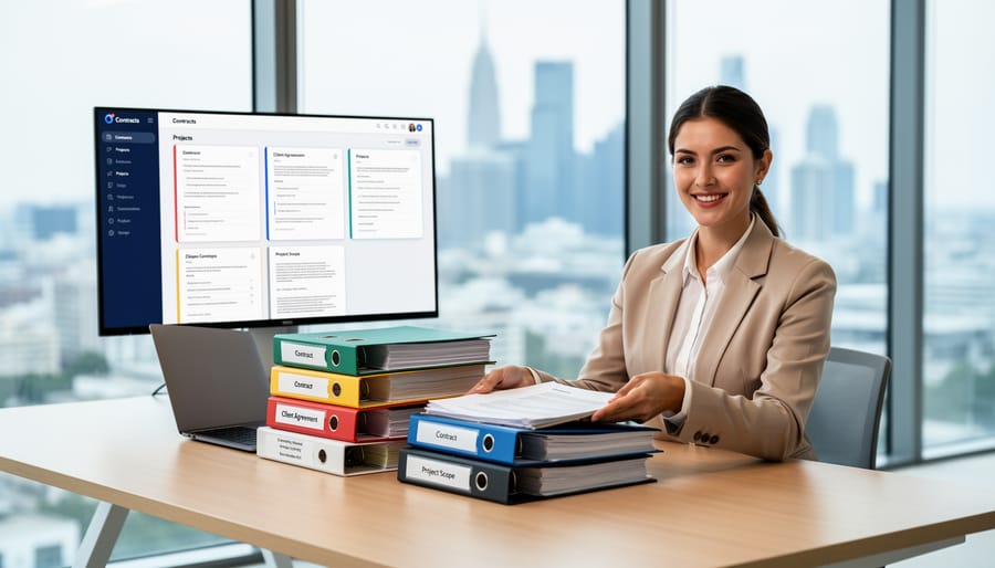 Professional photographer's organized desk with contract document on laptop and camera equipment