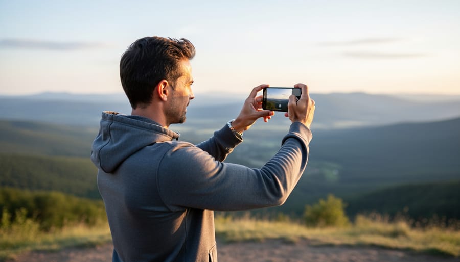 Close-up of hands holding iPhone with proper grip technique for panoramic photography