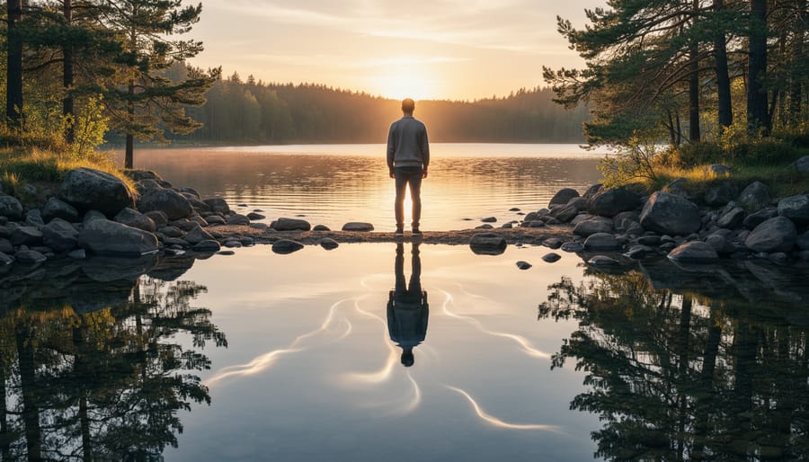 Upside-down reflection of person and cityscape in rain puddle on street
