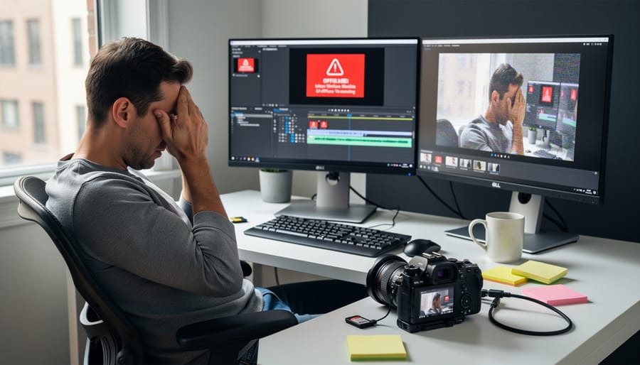 Cinema camera with external recorder and editing workstation showing compatibility problems