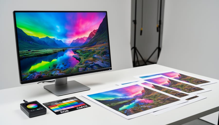 Computer monitor showing vibrant photo next to duller printed version demonstrating RGB versus CMYK color gamut differences
