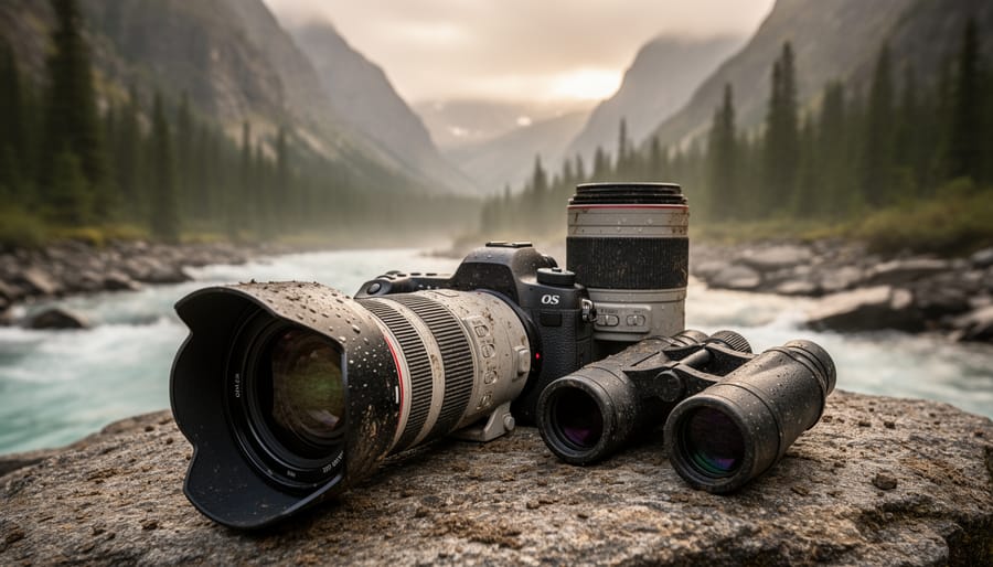 Weather-sealed camera with water droplets and mud on moss-covered rock in rainforest