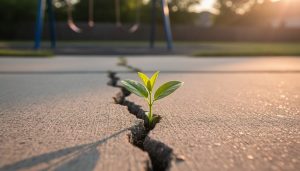 Low-angle close-up of a small green seedling emerging from a cracked concrete sidewalk at golden hour, with a blurred playground and empty swing set in the background