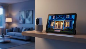 Smart security camera beside a voice-assistant speaker and smart display in a modern living room at dusk, with porch lights turning on outside and a smart lock visible on the front door.