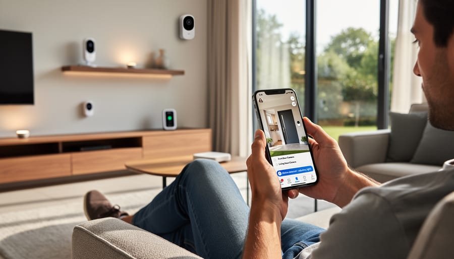 Woman checking security camera feed on smartphone with automated smart lights in background