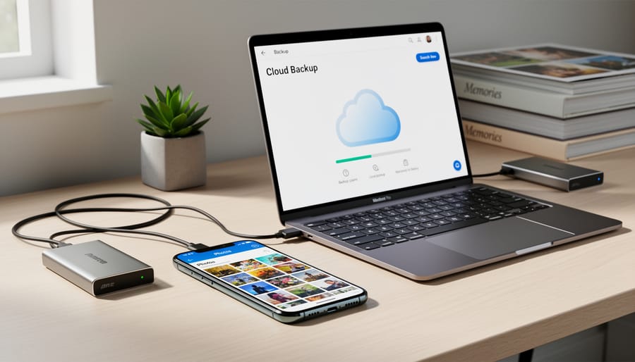 External hard drive and smartphone showing backup and cloud storage concept