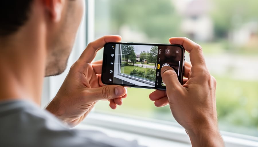 Person photographing coffee and latte art with smartphone camera app