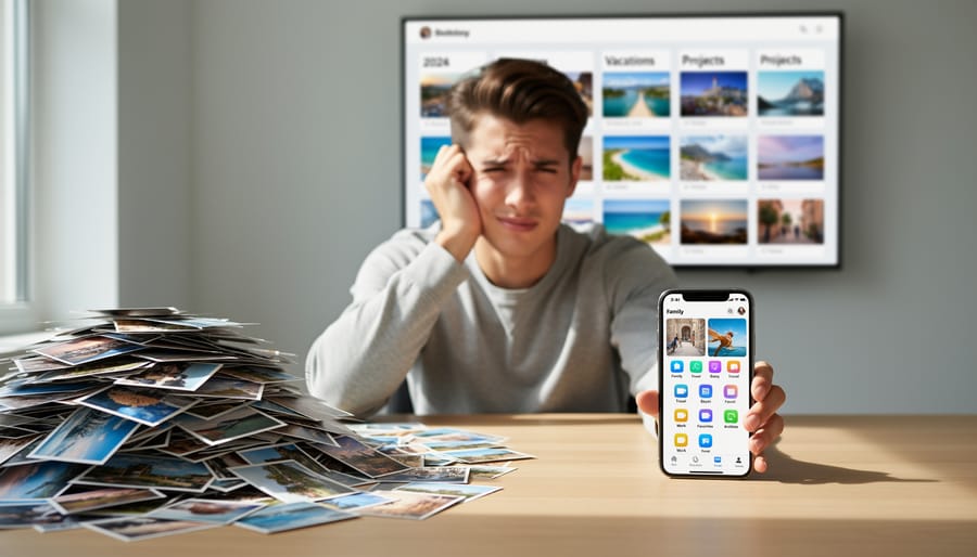 Smartphone surrounded by scattered printed photographs on white desk showing disorganized photo collection