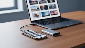 Smartphone connected to a laptop and portable SSD on a minimalist desk, photographed from a 45-degree angle with soft window light, sharp focus on devices, and a blurred laptop screen showing photo thumbnails without readable text.