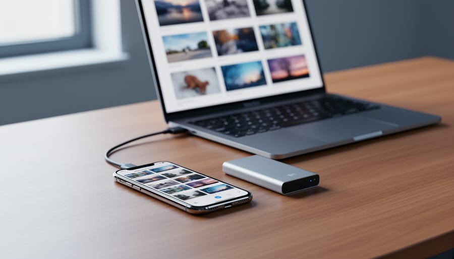 Smartphone connected to a laptop and portable SSD on a minimalist desk, photographed from a 45-degree angle with soft window light, sharp focus on devices, and a blurred laptop screen showing photo thumbnails without readable text.
