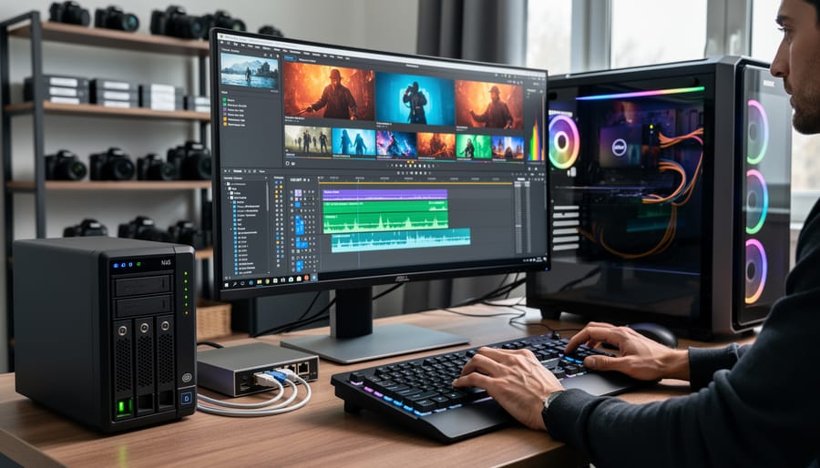 Video editor working on 4K footage with professional editing software and optimized storage setup