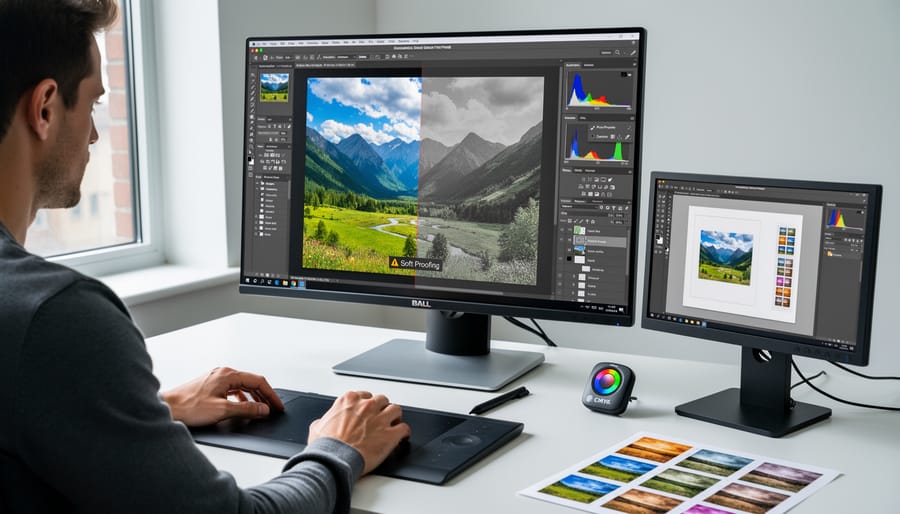 Photographer using soft proofing feature in photo editing software to check print color accuracy