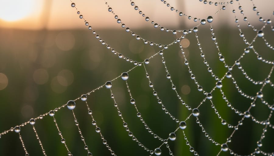 Macro photograph of water droplets on spider web with morning dew