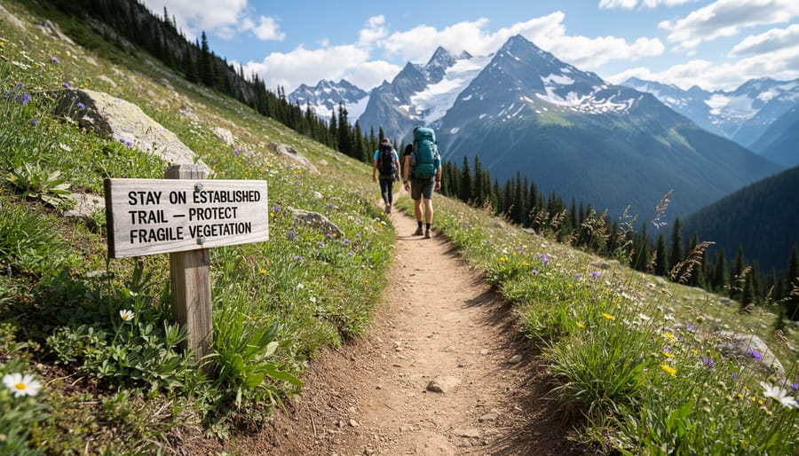 Photographer's boots on dirt trail with wildflowers growing along trail edges