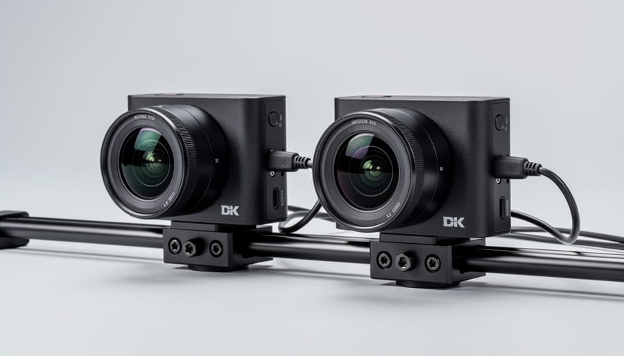 Dual camera rig setup with two cameras mounted side-by-side for stereoscopic photography