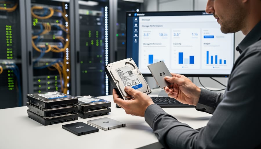 Various hard drives and SSD storage drives arranged on desk with NAS enclosure